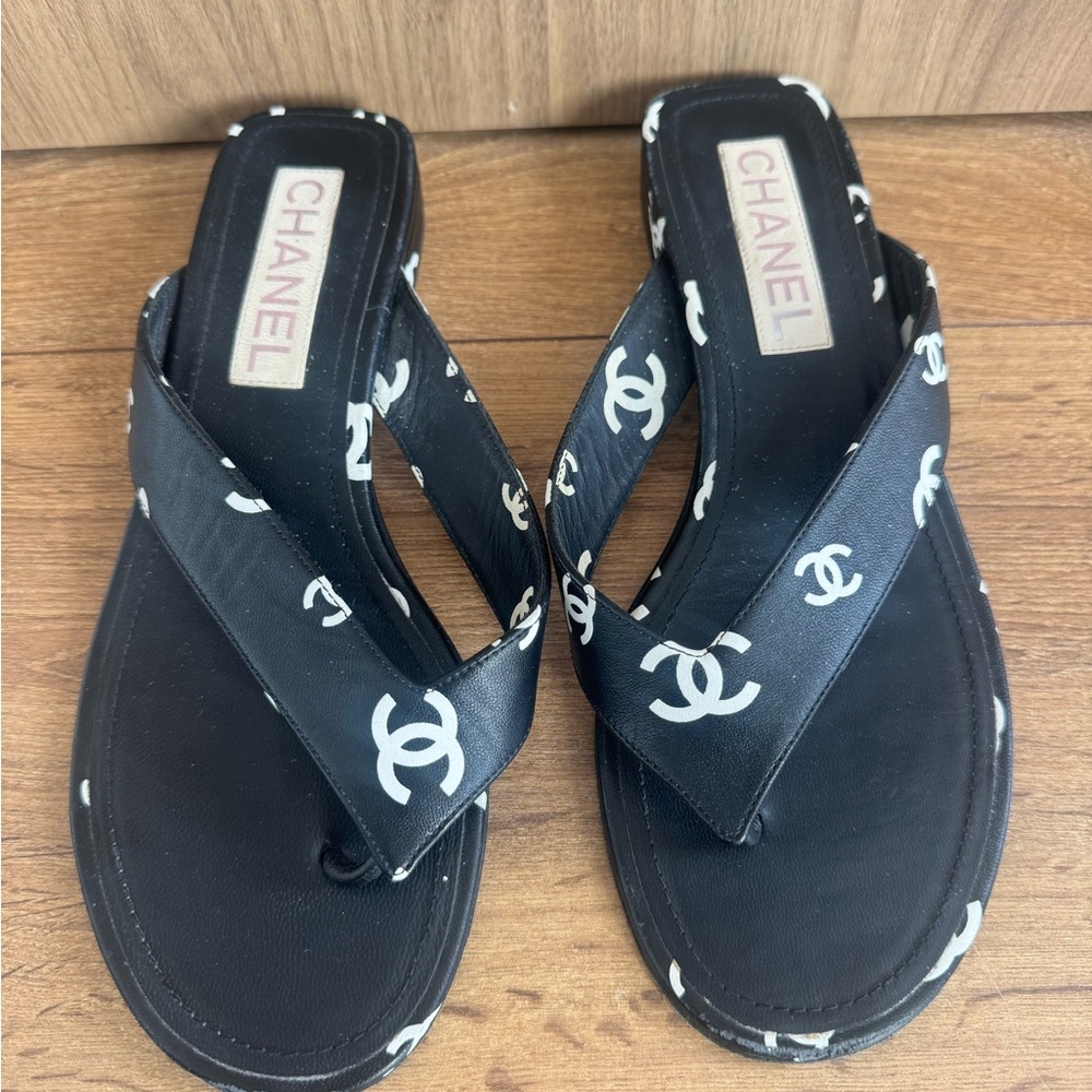 Chanel Black Logo Sandals